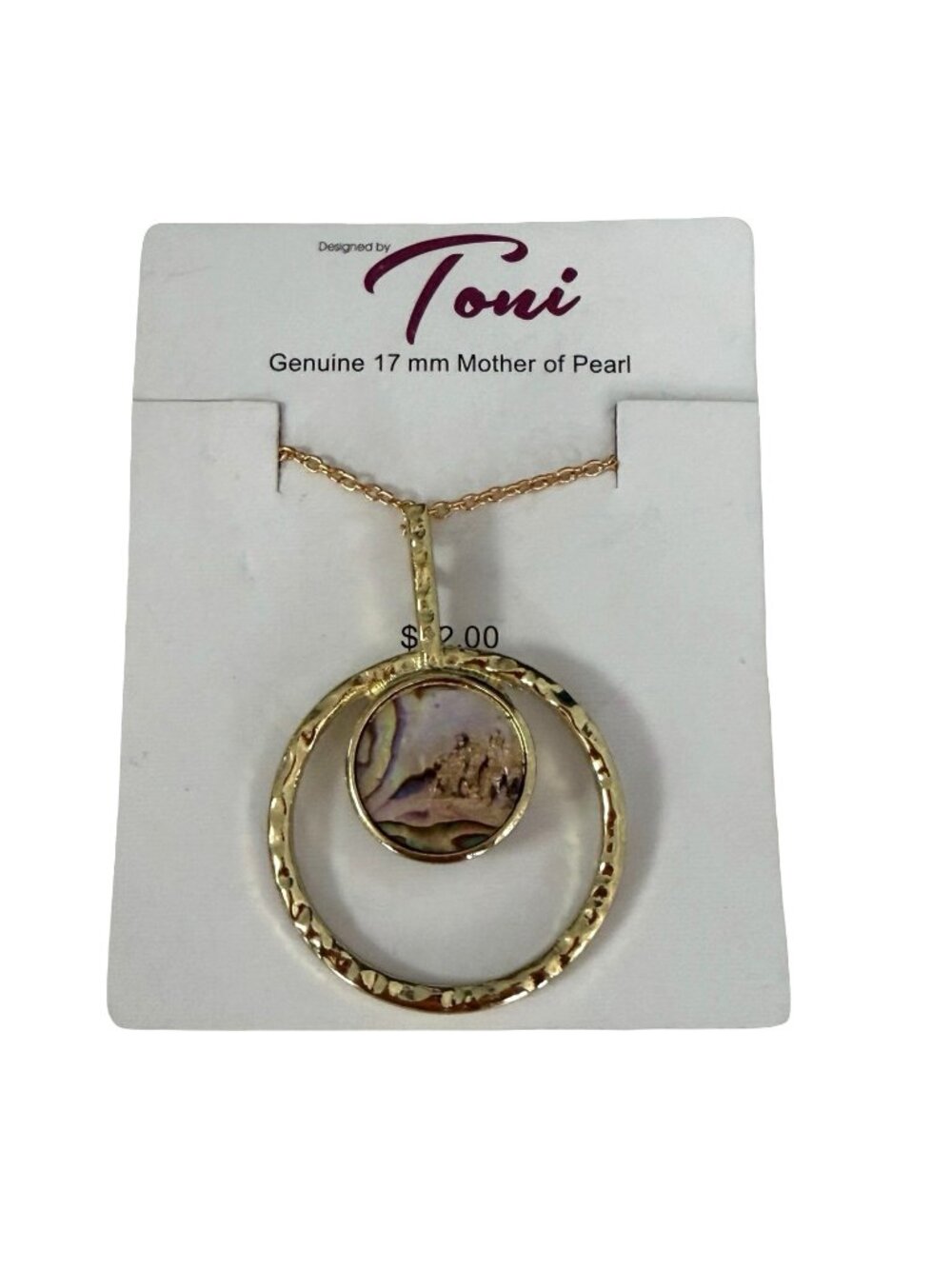 Designed by Toni Genuine Mother of Pearl 17mm Gold Tone Circle Pendant Necklace